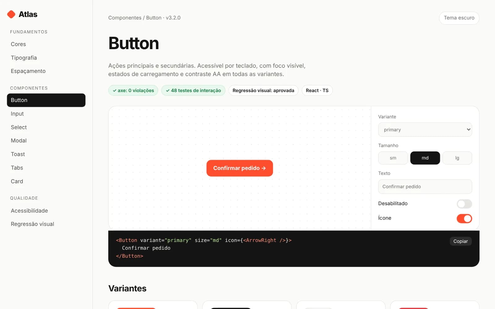 Documentação do design system Atlas